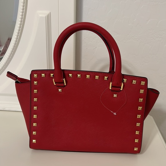 Michael Kors Red Studded Leather Selma Crossbody Satchel Purse - Picture 3 of 16